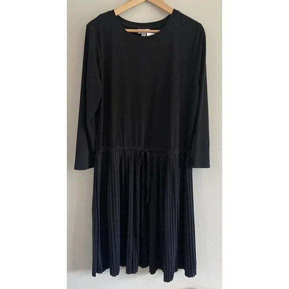 NWT J.Jill Dress Pleated Skirt Long Sleeve Tie Waist Black Large Tall New - Picture 1 of 4